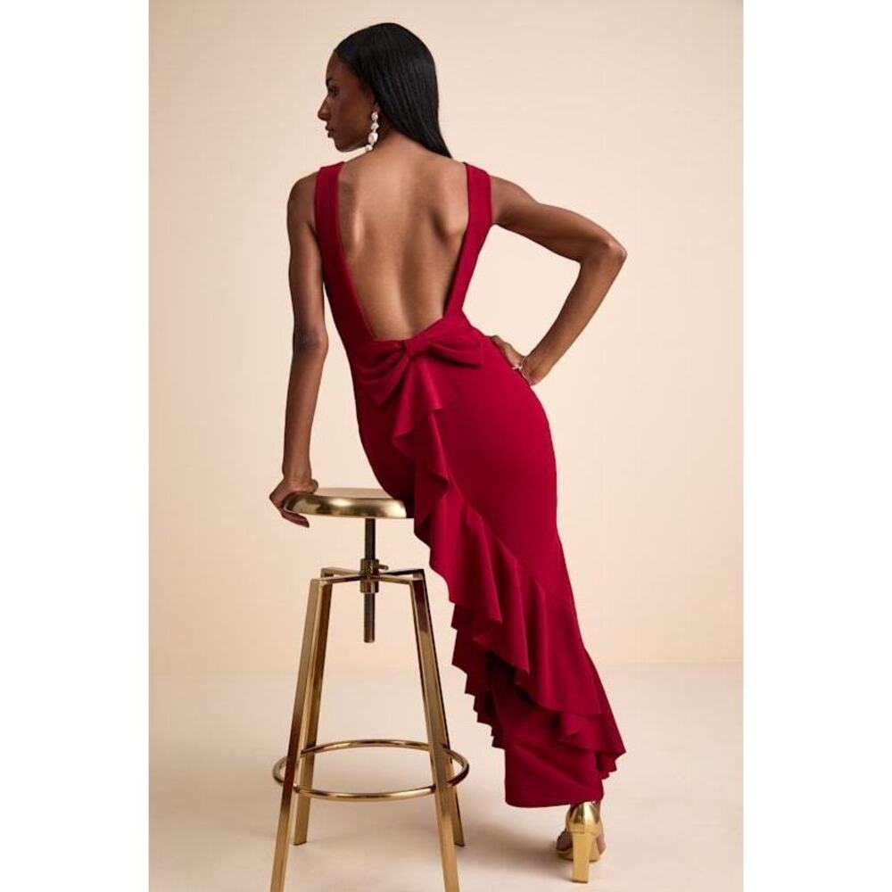 Lulus Exquisite Refinement Red Backless Bow Ruffled Maxi Dress - Size L